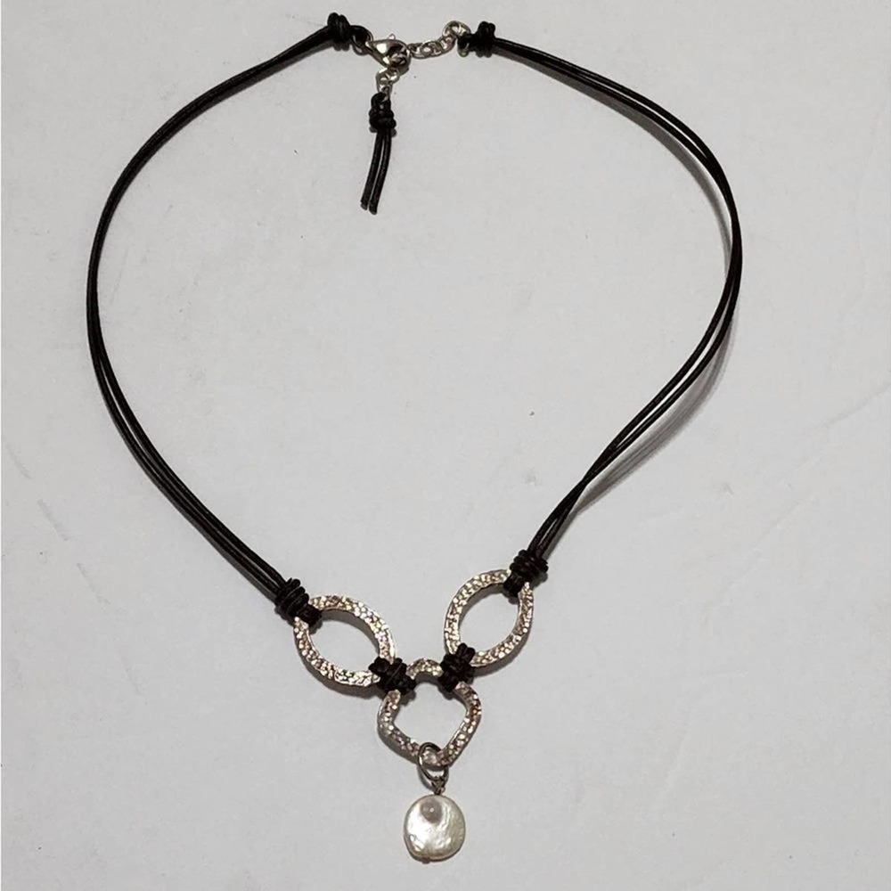 SILPADA Sterling Silver Brown Leather Coin Pearl Necklace #ā N1257